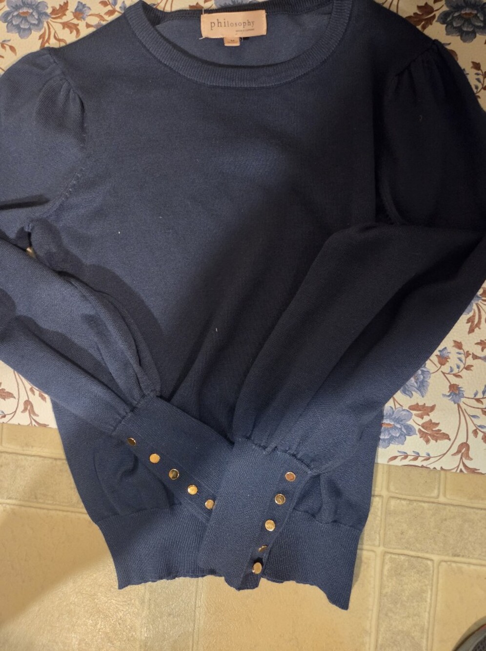 Philosophy Navy Crewneck Sweater with Gold Button Cuffs